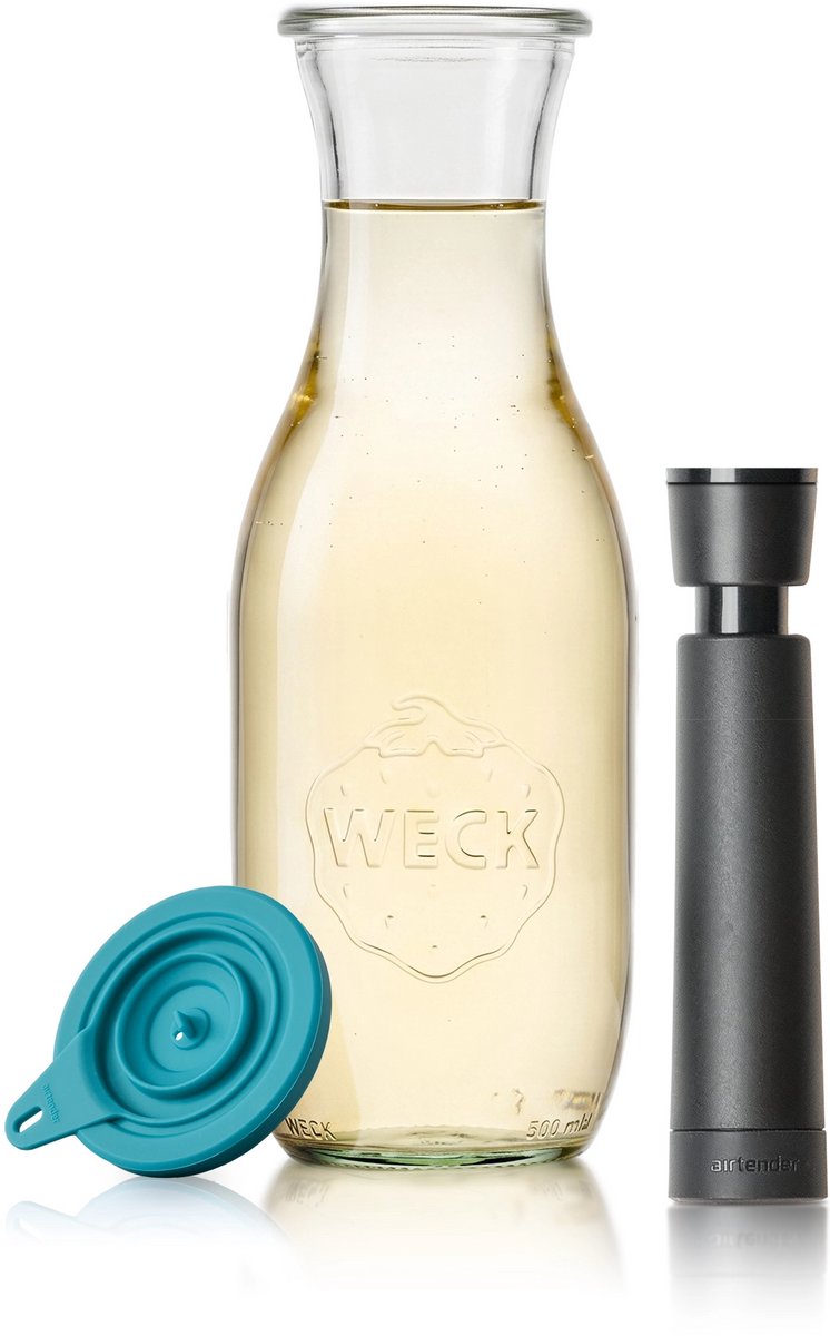 Airtender Wine Saver Carafe (1000ml) | Vacuümpomp/-deksel & Karaf | Vacuüm Wijnkaraf van glas (1L) | Vacuümdeksel + GRATIS wijnpomp | Perfect om wijn tot 5x langer te bewaren | Vacuüm bewaren in de wijnkaraf | Past in koel- & klimaatkast