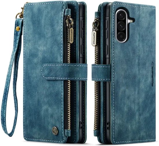 Étui de téléphone bleu ouvert, avec poche zippée et fentes pour cartes.