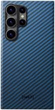 Blauw Neket Fiber telefoonhoesje met zwart rasterpatroon, met uitsparing voor cameralens.