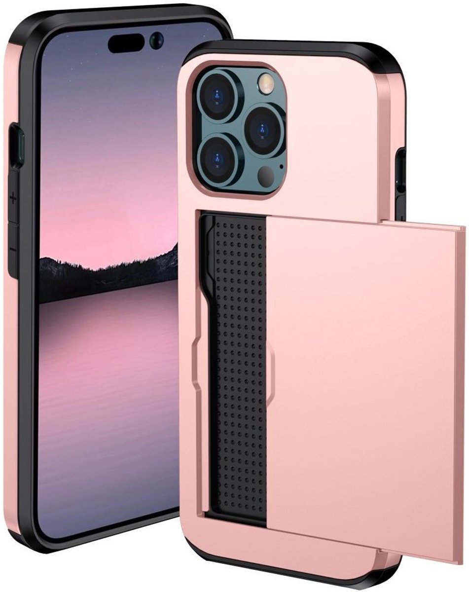 Hoesje Geschikt voor Apple iPhone 14 Pro Max met Kaart Houder Back Cover Roze Goud
