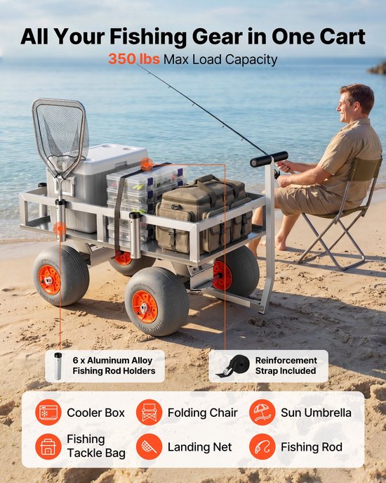 Opvouwbare viskar bolderkar - Strand transportkar - Draagvermogen 159 kg - 4 PU luchtbanden - Aluminium frame - 6 hengelhouders — afbeelding 3