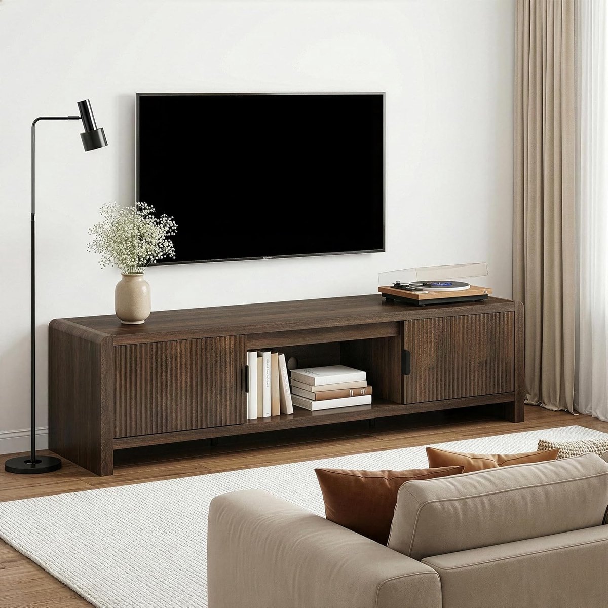 TV meubel 150 cm – House&Garden Luxe Walnootlook TV Kast met 2 Deuren en Open Vakken – Modern TV Dressoir met Kabelmanagement – 150 x 40 x 40 cm – Stabiele Televisietafel voor Woonkamer