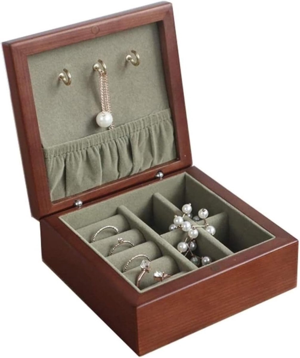 Juwelendoos Massief Hout - Sieraden Opberger - Juwelen Organiseren - Met Interne Spiegel - Draagbaar Formaat - Houtkleur