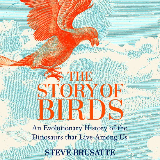 De kaft van het boek 'The Story of Birds' met een rode vogel in vlucht tegen een blauwe lucht.