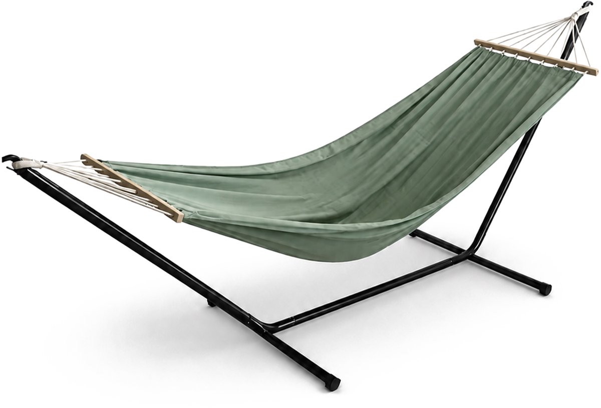 Happy Holidayz Hangmat met Standaard Groen - Vrijstaand Opvouwbaar - Polycotton - Houten Spreidstok - Stalen Frame - Tuin Hangmat - Camping - Vrijstaande Hangmat
