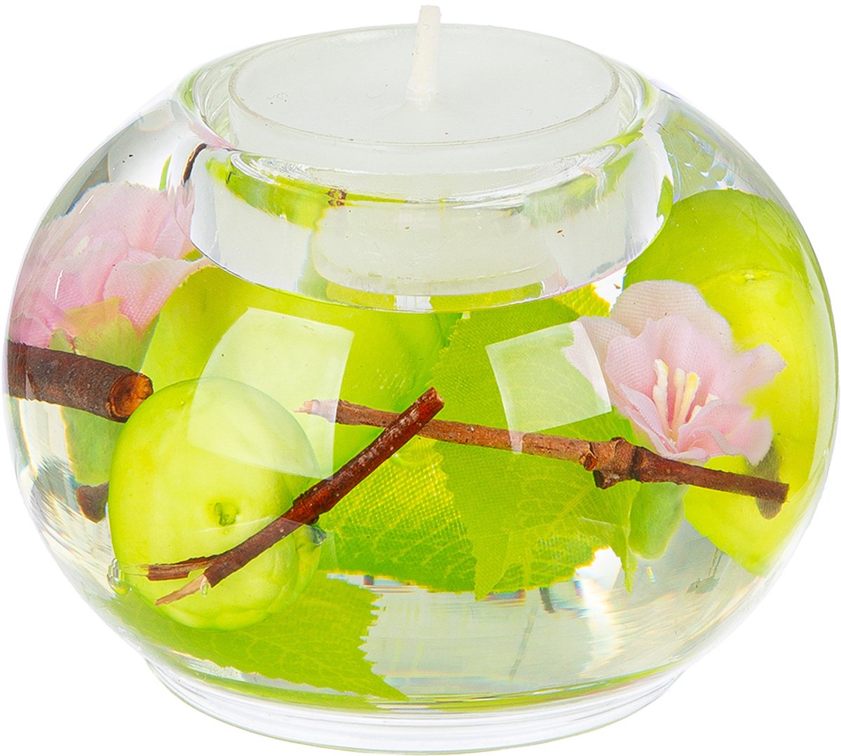 waxinelichthouder appelbloesem - 8x 6 cm glas - groen - handgemaakt