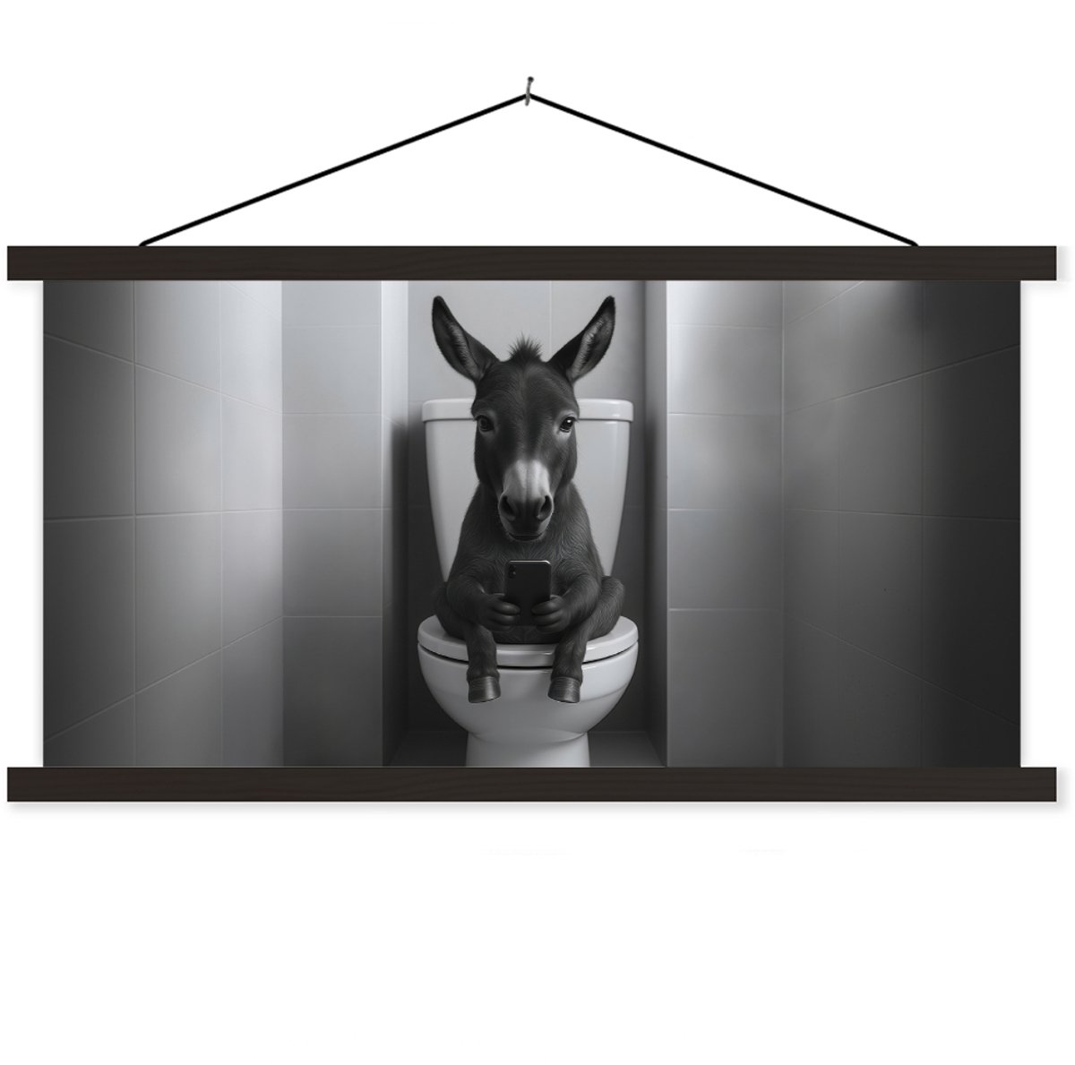 Posterhanger incl. Poster 60x30 cm - Schoolplaat - Ezel - Telefoon - Toilet - Zwart - Wit