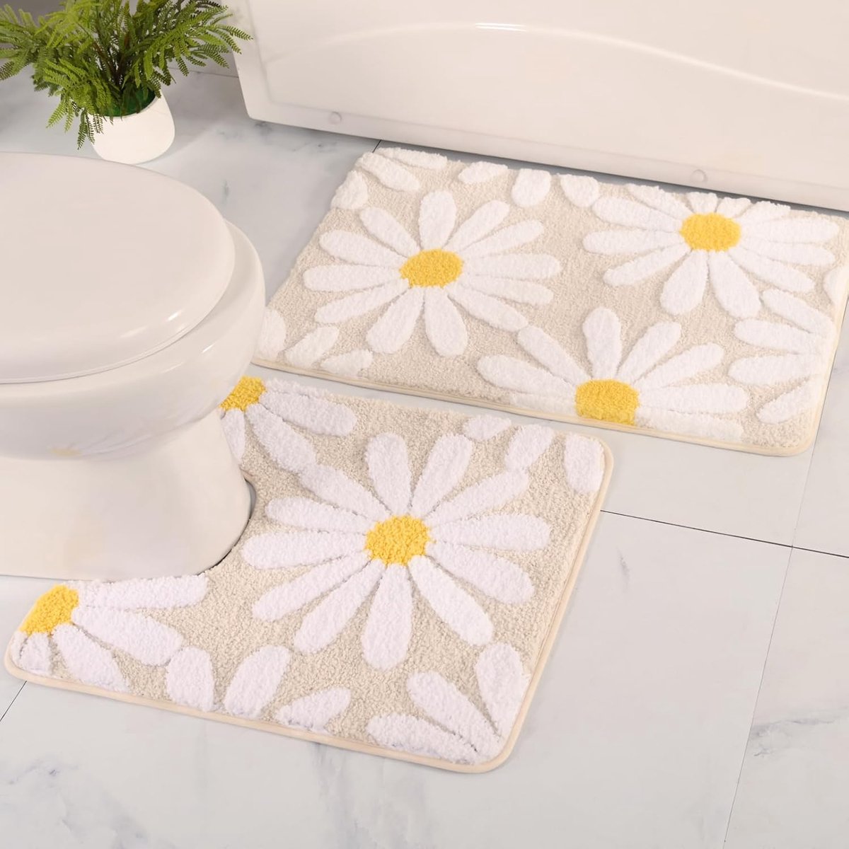 2-delige badkamertapijtset, schattige badmat met madeliefjes, beige toiletmat, vierkant 60×90cm + U-vormig 50×60cm