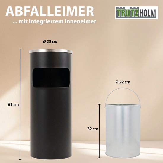 TRUTZHOLM Afvalbak met Asbak 30L Zwart - 2-in-1 Buitenafvalbak Metaal - Heavy Duty Staande Asbak Vuilnisbak Poedercoating van TRUTZHOLM — afbeelding 5