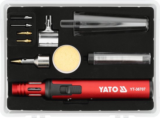 Rode YATO gasbrander YT-36707 met diverse soldeerkopjes, een sponsje en een koffer.