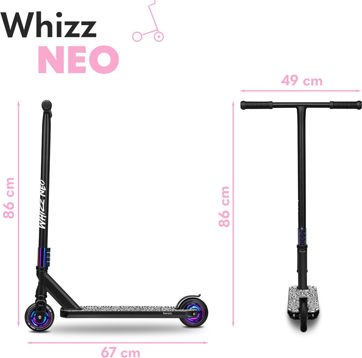 Lionelo Whizz Neo Freestyle Step + Fietshelm voor kinderen – 110 mm PU High Rebound Wielen – ABEC-9 Lagers – HIC Compressiesysteem – Breed T-Bar Stuur – Antislip Aluminium Deck – Neochrome Afwerking – Stuntstep tot 100 kg – Lichtgewicht 3,6 kg — afbeelding 3