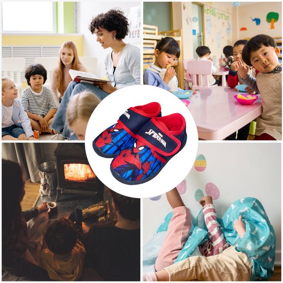 Collage: Spiderman-pantoffels, kinderen in klaslokaal, gezin bij open haard, kind met paaseieren.