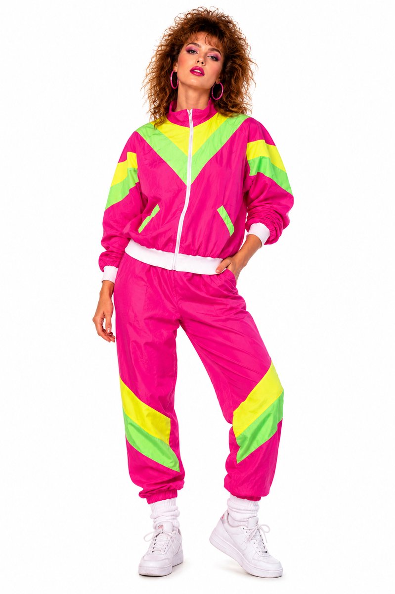 80's Trainingspak Neon Roze Groen Unisex – Retro Jaren 80 Kostuum – Verkleedpak voor Carnaval, Foute Party & Themafeest - maat XL