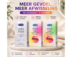 condooms 36 stuks – extra dun, ribbels en noppen – discovery pack voor meer gevoel – condooms met glijmiddel – 52 mm – voordeelverpakking – FiTONE