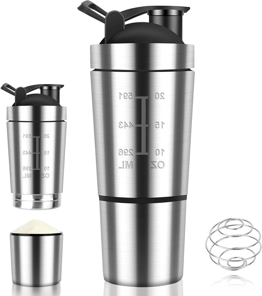 RVS Proteïne Shaker 600 ml met 200 ml Cup en Kom - Dubbele Wand, BPA-vrij voor Fitness en Dieet Shakes