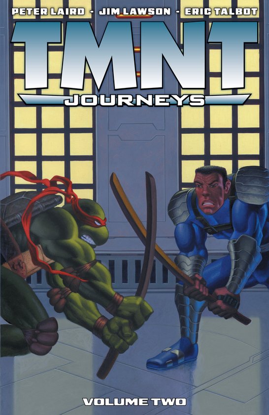 Raphael van de TMNT bevecht een blauw geklede man met schouderpantser en zwaarden. "TMNT JOURNEYS VOLUME TWO"