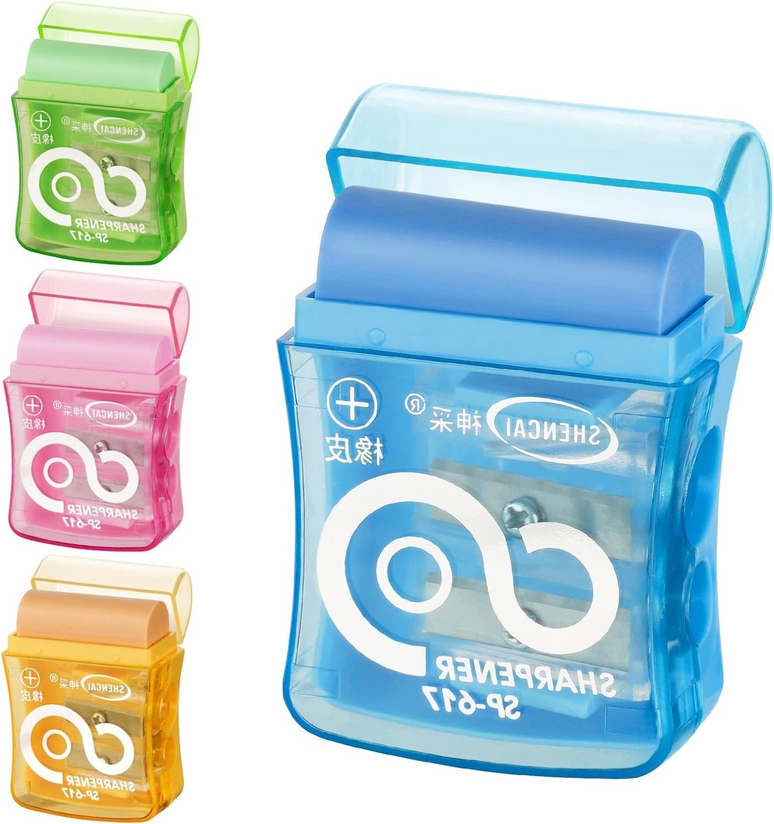 Plastic Puntenslijper Set met 4 Dubbele Gaten, Inclusief Houder en Gum voor School en Kantoor, Ideaal voor Kinderen en Reizen