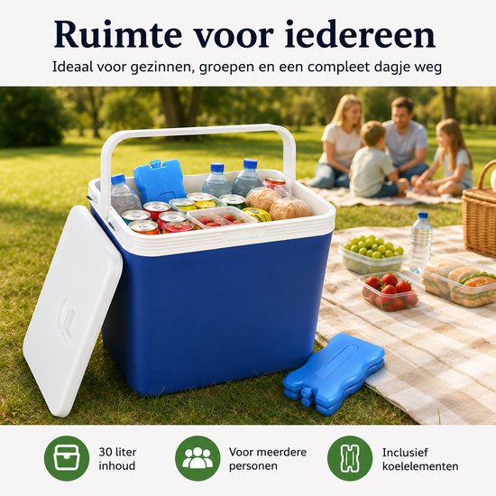 Koelbox 30 Liter - Inclusief 2 Koelelementen - Blauw/Wit - Met Draaghendel - 40,5 x 29,6 x 38,2 cm - Voor Camping, Strand, Picknick en Onderweg van Koelbox. — afbeelding 5