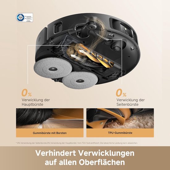 Robotstofzuiger met roterende dweilpads en interne borstels, met focus op de verwijderbare rubberen borstels.