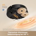 Robotstofzuiger met roterende dweilpads die worden gereinigd met 100°C water, met 99% reductie van bacteriën.