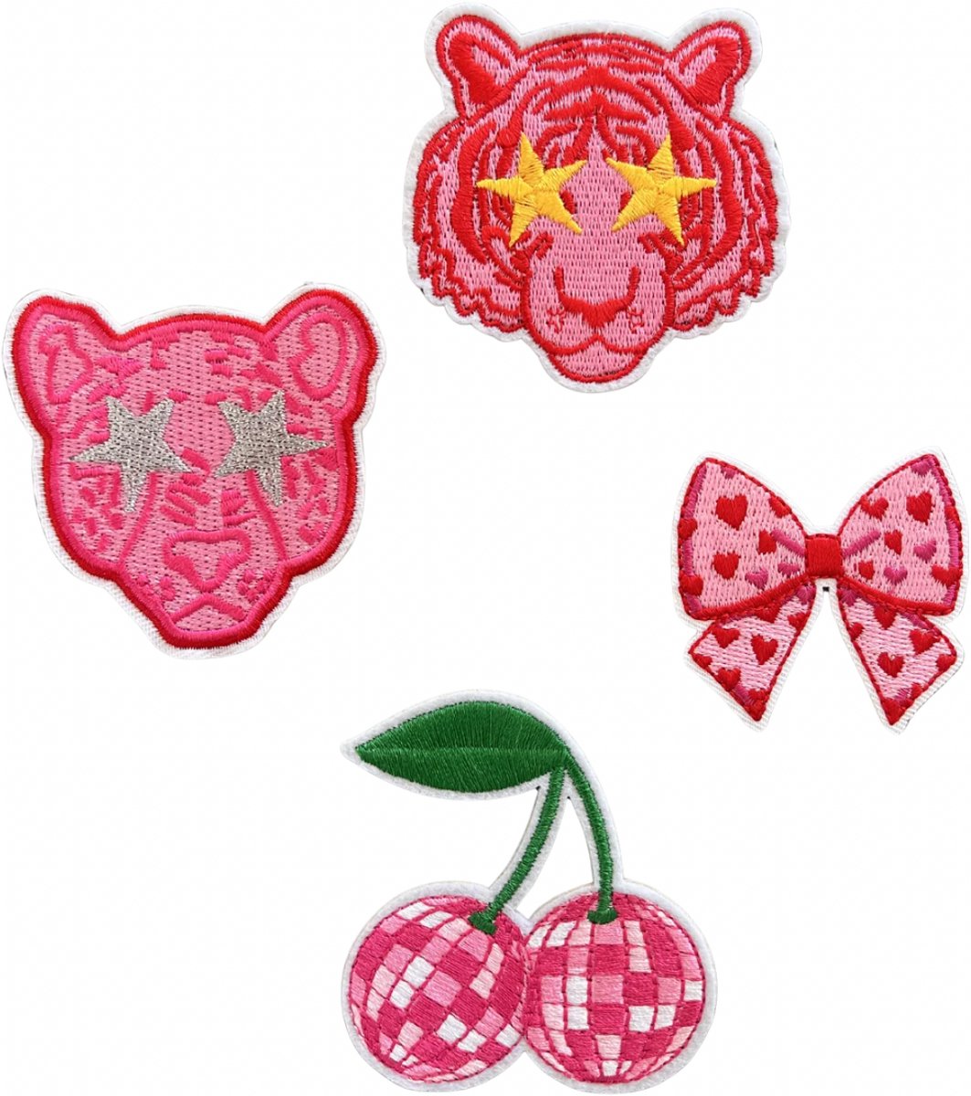 Leeuw Tijger Strik Roze retro meiden / Strijk Embleem 4 stuks - Opstrijkbare geborduurde patches - Kleding Patchs - Versiering Voor Kleding - Iron On - Doe-het-zelf-accessoires - Naai op geborduurde applicatie naaipleisters