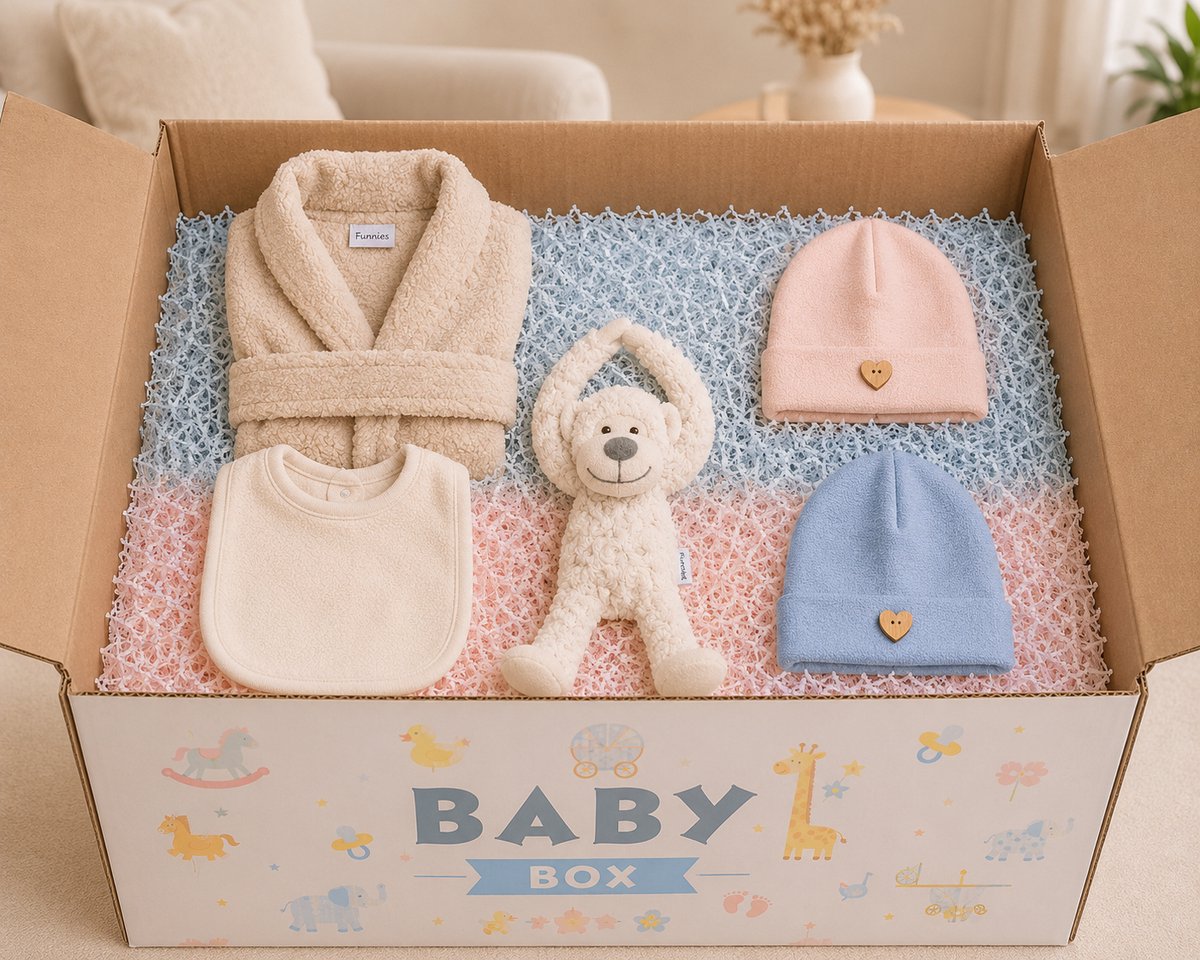 Gender Reveal Cadeaupakket Beige – Unisex Kraamcadeau & Babyshower Gift – Luxe Geschenkdoos met Badjas, Knuffel (Aap), Slab & Mutsje