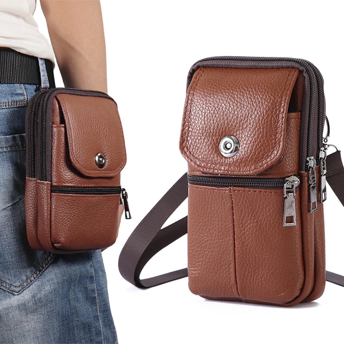 carmdering - Leren Telefoonhoes - Heuptas - Crossbody Tas - Echt leer, 19x11x5cm, 5 vakken, afneembare riem, riemlus - Voor telefoon & paspoort - Mannen & reizen