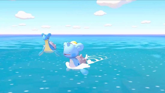 Twee blauwe en roze Pokémon in helder blauw water onder een lichte hemel.