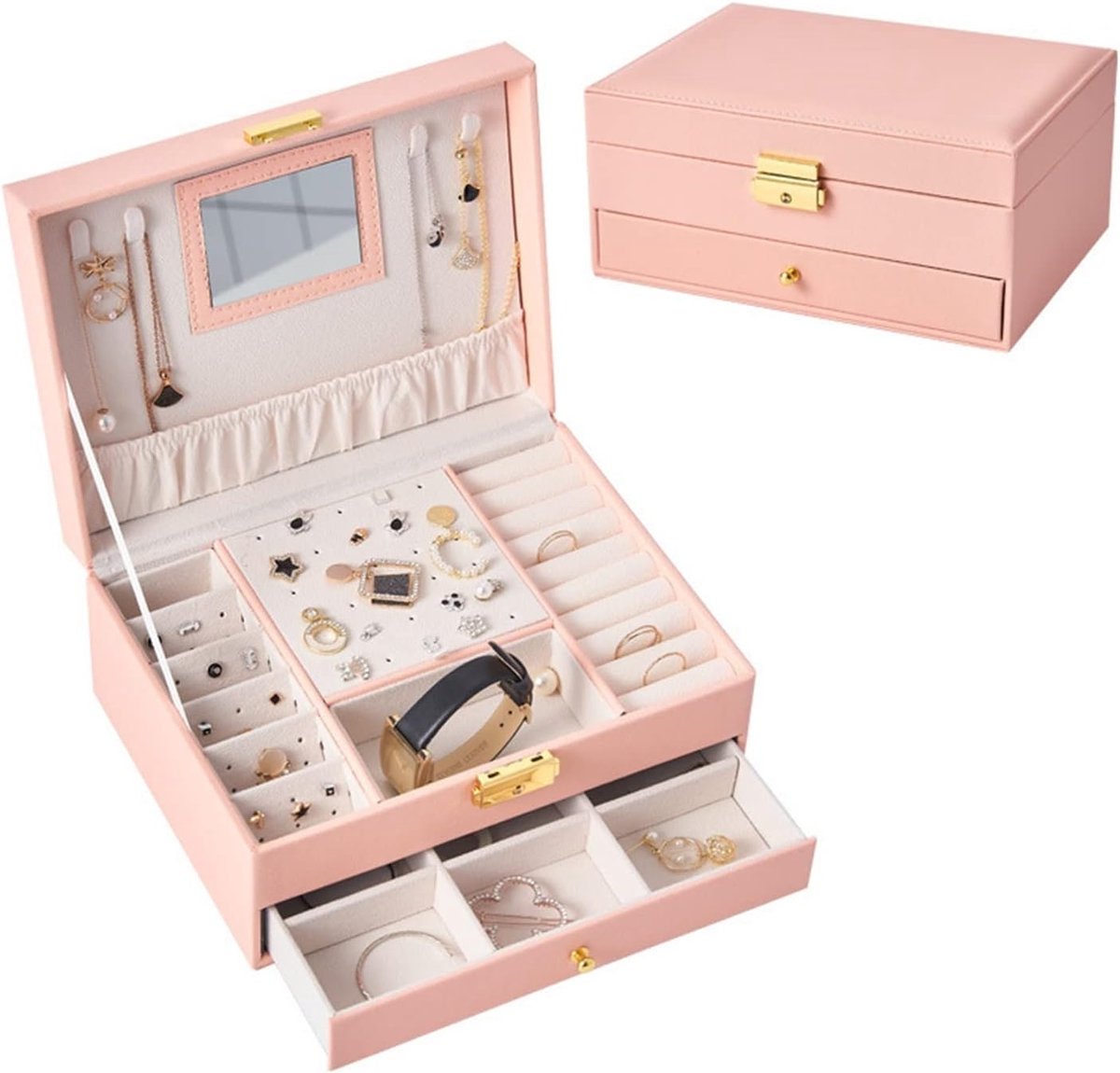 Juwelendoos Dubbel - Opbergdoos Sieraden - Sieraden Organiseren - Grote Capaciteit - Met Uitneembare Vakken - Kleur C