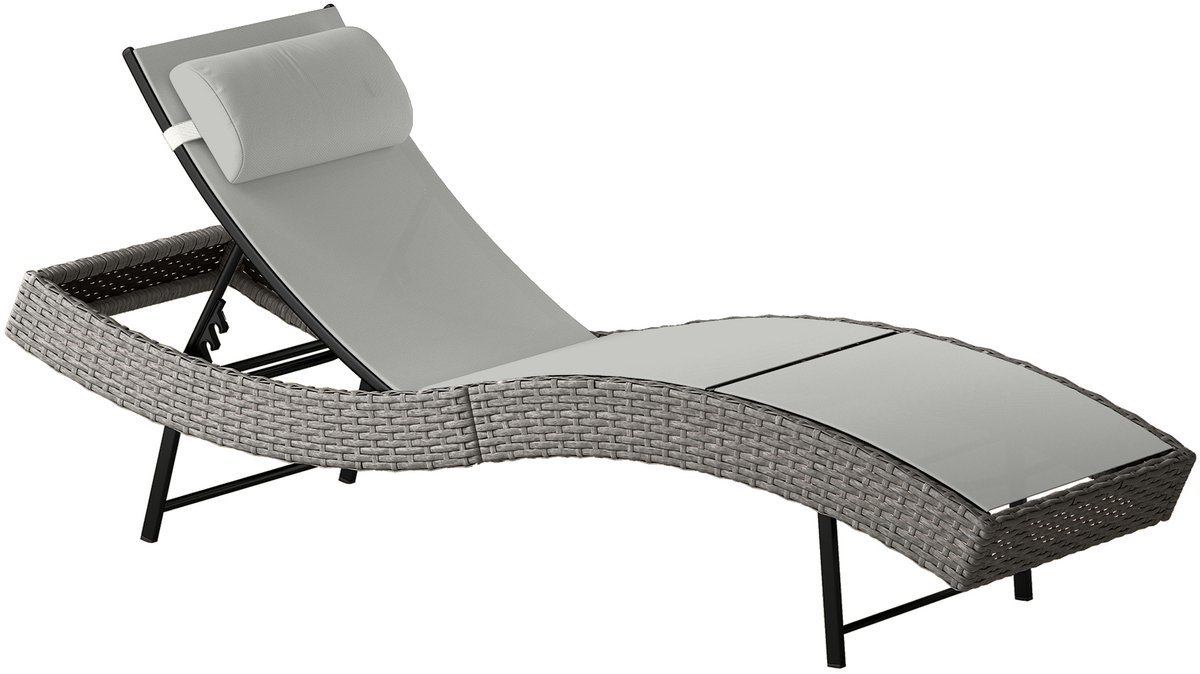Wicker zonnestoel ligstoel ligbed zonnebed - Verstelbare rugleuning (5 standen) -met hoofdkussen - 198 x 61 x 44 cm - grijs - poly-rattan