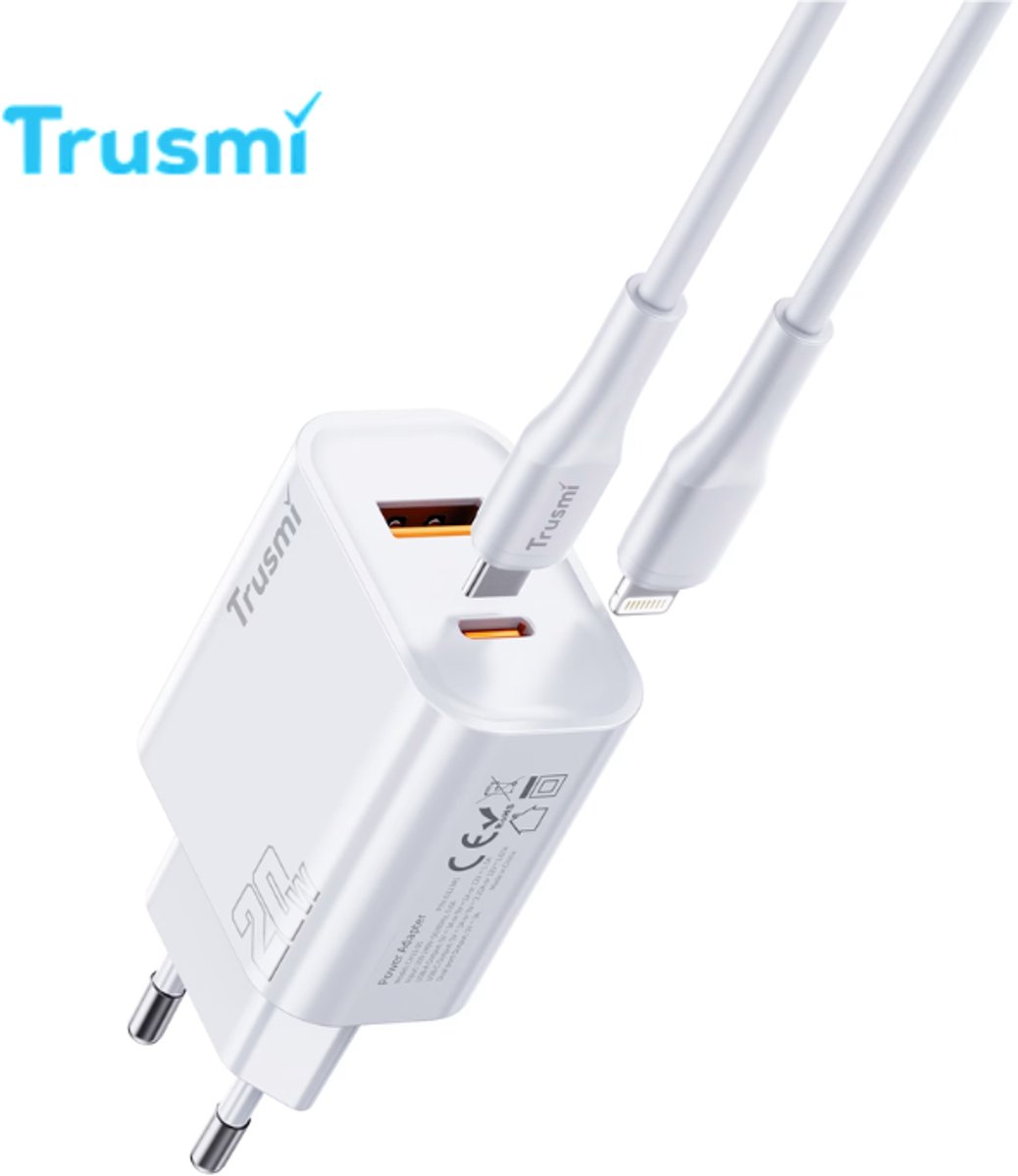 Trusmi | 20W Snellader | USB-C | 20W | USB-C Adapter | Oplader USB C | 1x USB-C en USB-A PD 20W | GaN | Universeel | Telefoons, Laptops, iPads, Tablets | 1 Meter 20W USB-C