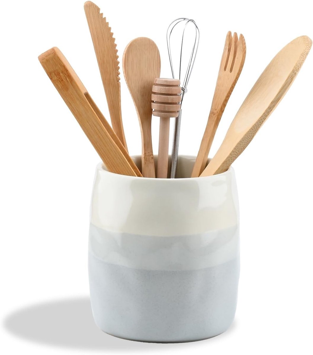 Lepelpot - Crème en grijs - S - Keramische keukengereihouder voor bestek en kookgerei - Voor keukenorganisatie