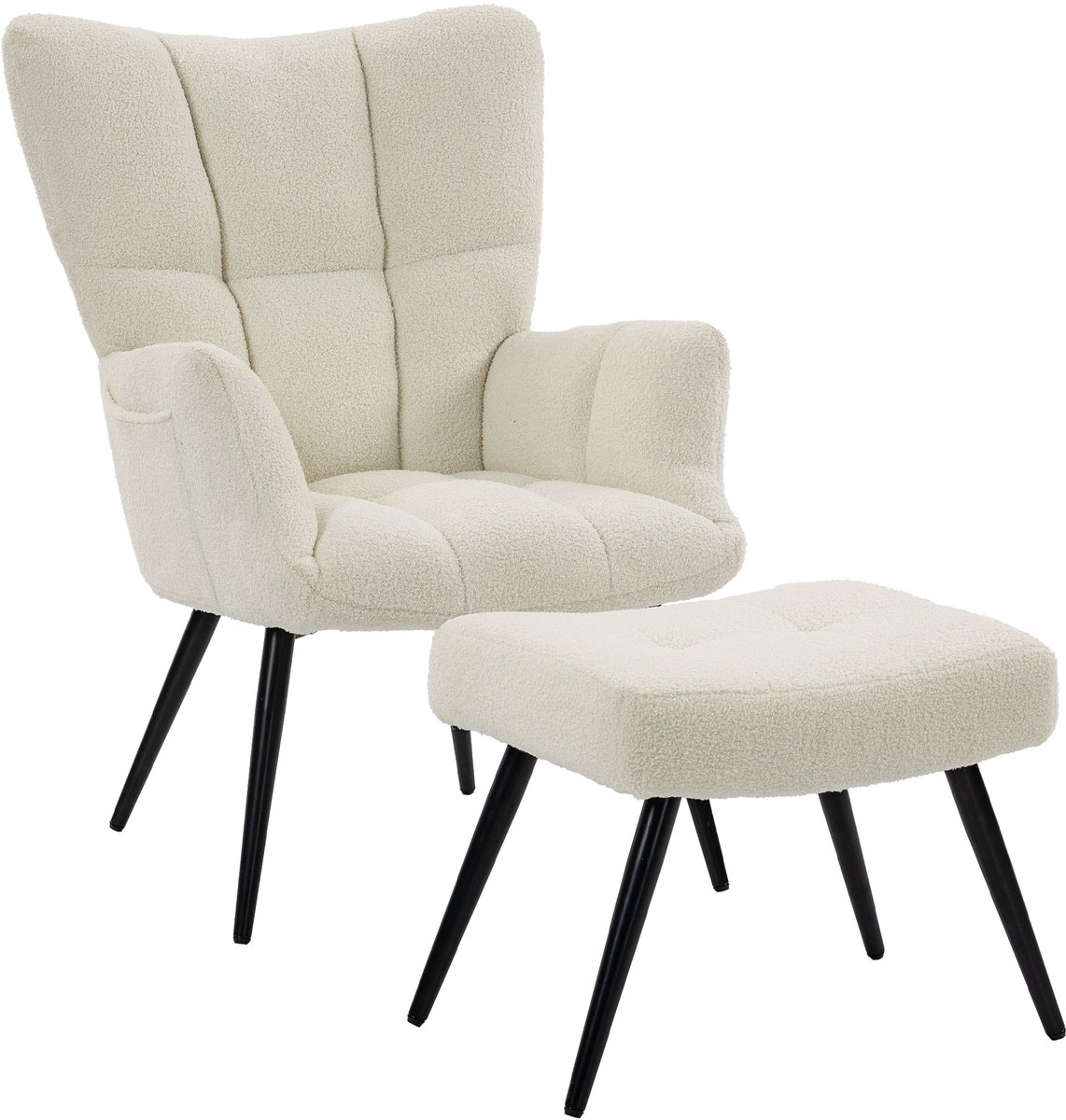Oorstoel met voetbank- loungefauteuil -Teddy Bouclé Fauteuil – Draagvermogen 120kg – gebroken wit