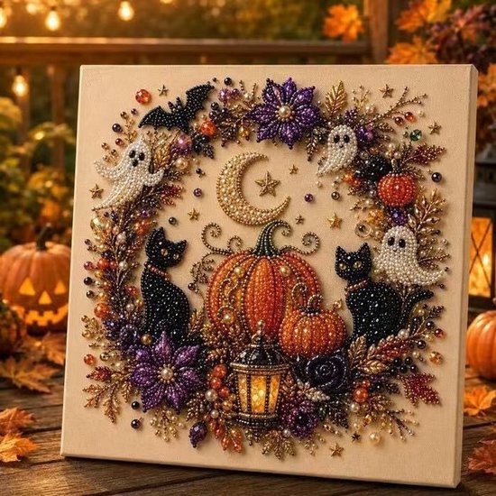 Peinture diamantée d'Halloween avec citrouilles, chats noirs, fantômes, chauve-souris, entourée de feuilles et de décorations.