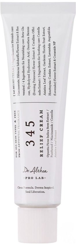 Witte crème tube met merknaam en ingrediënten. "345 RELIEF CREAM"