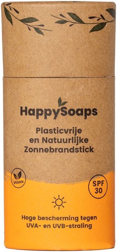 Happy Soaps plasticvrije zonnebrandstick met SPF 30. De stick is bruin en oranje met tekst.