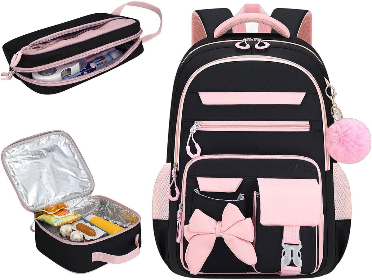 Ulisem - Schoolrugzak Meisjes - 3-Delige Rugzakset met Lunchtas & Etui - Grote Schooltas voor 15,6 Inch Laptop - Basisschool & Middelbare School -Zwart en roze