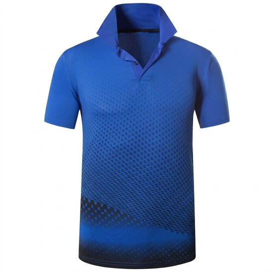 Koningblauw sportpoloshirt met een grafisch patroon van stippen dat van zwart naar blauw vervaagt.