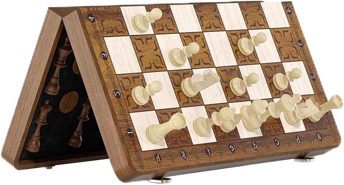 Schaakspel Inklapbaar - Houten Schaken Dammen - Cognitieve Ontwikkeling - Magnetisch Houten Bord - 40 x 20 cm - Houtkleur