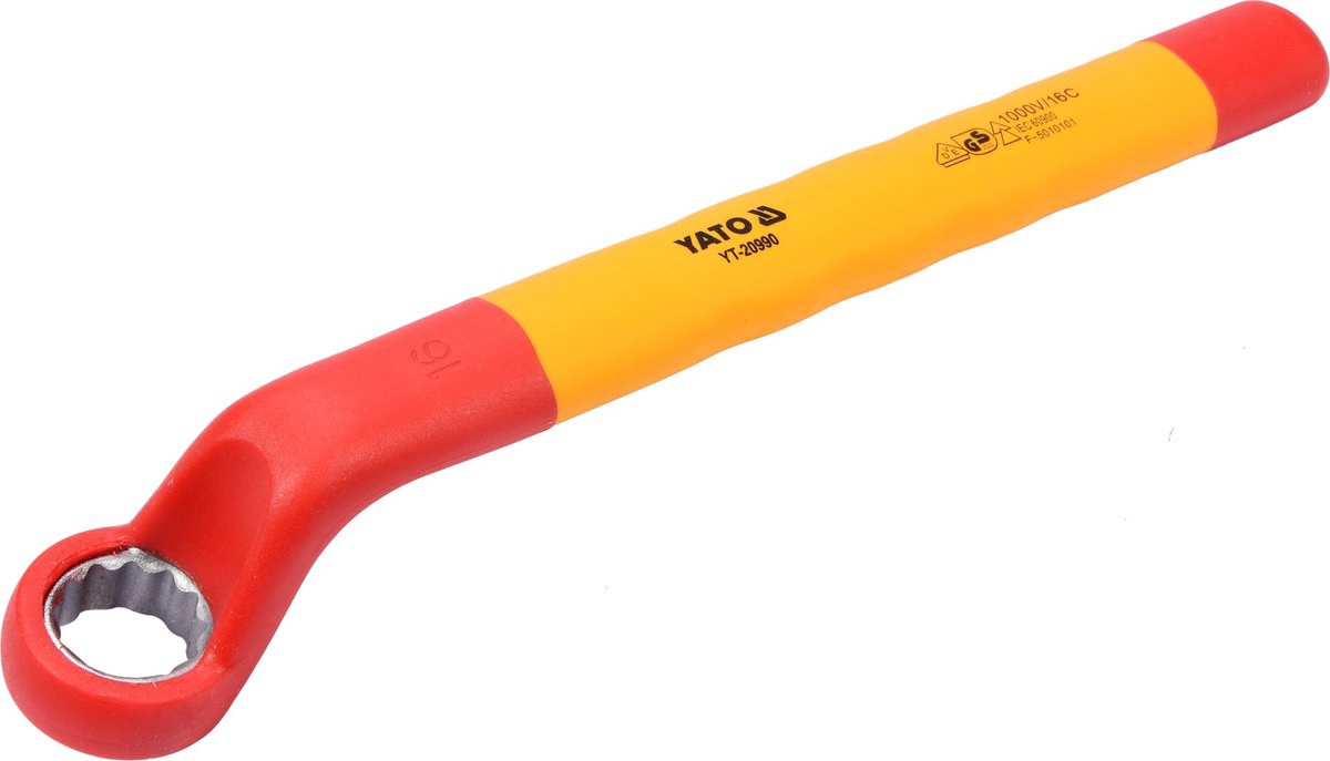 YATO VDE Geïsoleerde Gebogen Ringsleutel 16 mm - 1000V Geïsoleerd Gereedschap - Lengte 215 mm - Chroom-Vanadium Staal - Elektriciens Ringsleutel Gebogen voor Werkzaamheden Onder Spanning (YT-20990)