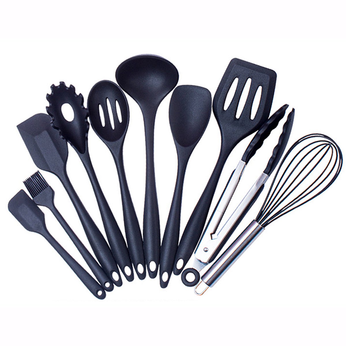 MODFU Compact 10-delig Silicone Keukengerei Set – Essentiële Basis-set met Spatels, Lepels en Garde – Ergonomisch & Stevig – BPA-vrij Veilig Koken en Bakken – Zwart