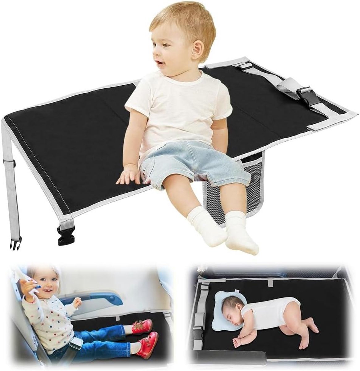 Vliegtuig Voetsteun Kinderen - Vliegtuig Stoelverlenging Kind - Comfortabel Reizen - Opvouwbaar Verstelbaar Ontwerp - 76 x 445 cm - Zwart