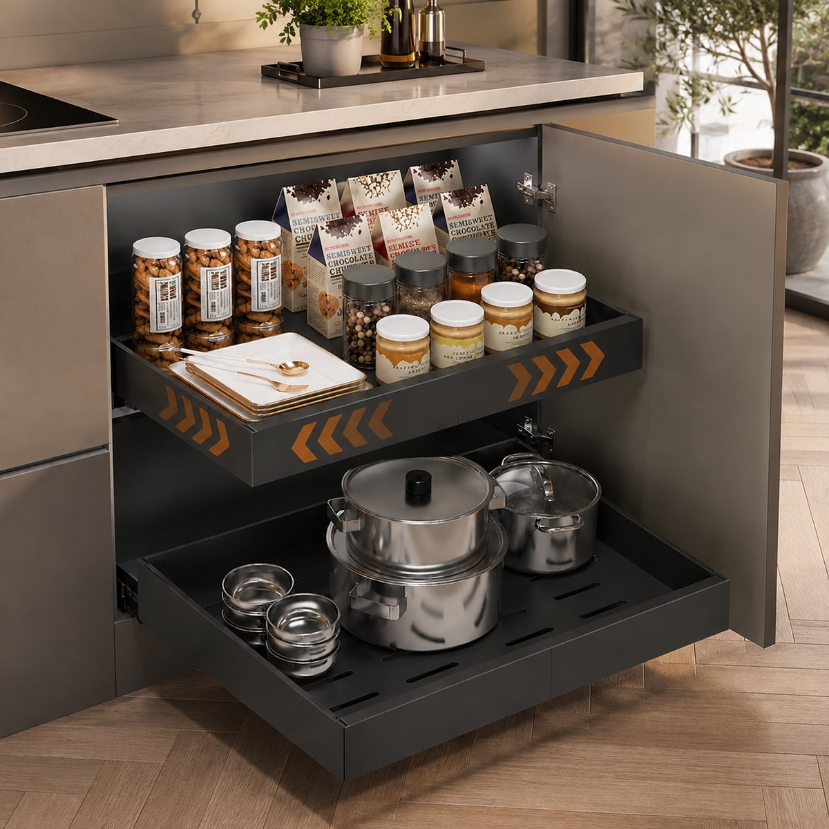 BOTC Uittrekbare Keukenkast Organizer - Verstelbare Schuiflade 32-52 cm met Rails - Heavy Duty Kastlade voor Keuken & Voorraadkast - Zwart