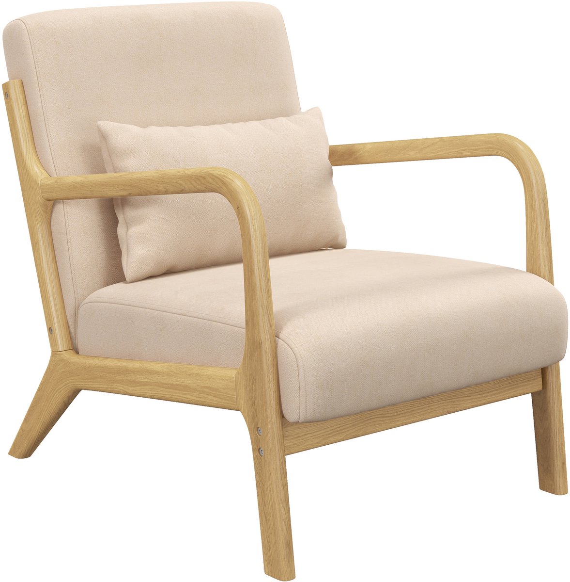 Woonkamerstoel met frame van rubberhout, loungestoel, diepe zitting, armleuningen, fluweellook, beige