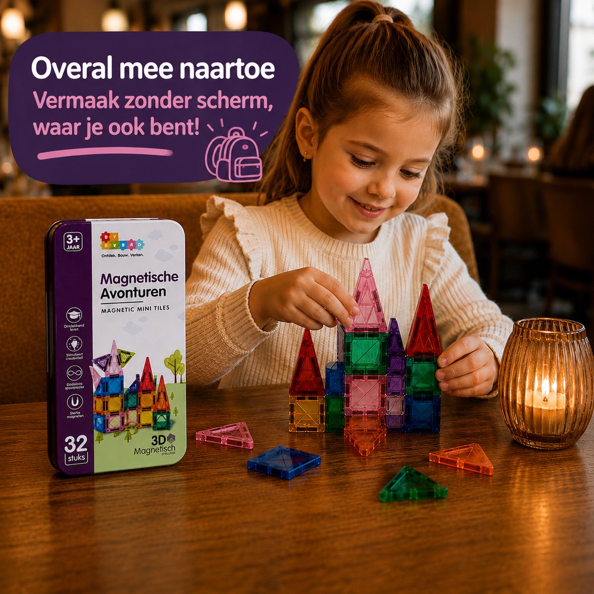 By Baboo® Magnetic Tiles Mini 32 Stuks Reisset + 100 Bouw-Challenges - Travelset - Reisspeelgoed Magnetische Tegels Blokken Cadeau Jongens Meisjes - Montessori Educatief Kinderspeelgoed 3 Jaar, 4 jaar, 5 jaar, 6 jaar, 7 jaar, 8 jaar, 9 jaar — afbeelding 5