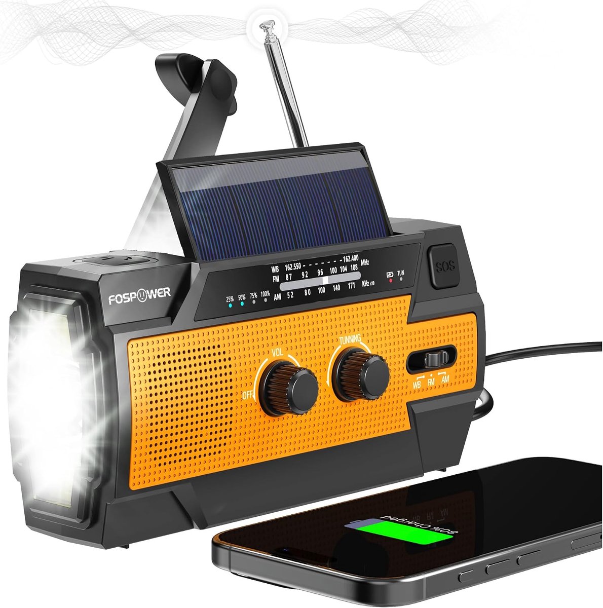 Noodradio met 4000 mAh Powerbank – Solar & Handdynamo – AM/FM – Zaklamp – SOS Alarm – Oranje/Zwart