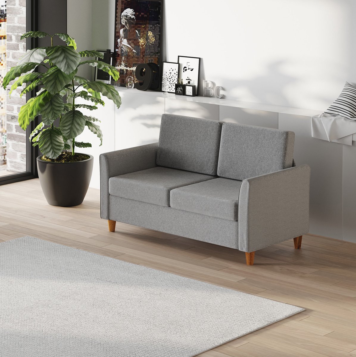 COVREO Zitbank 141x70x78 cm lichtgrijs linnen, afneembare hoezen, houten poten