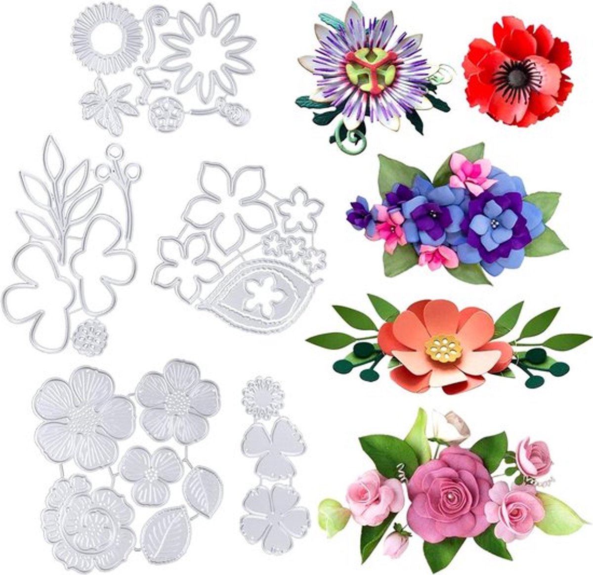 Set van 5 stanssjablonen met bloemen en bladeren voor 3D-snijwerk, ideaal voor scrapbooking en het maken van kaarten met gedetailleerde ontwerpen