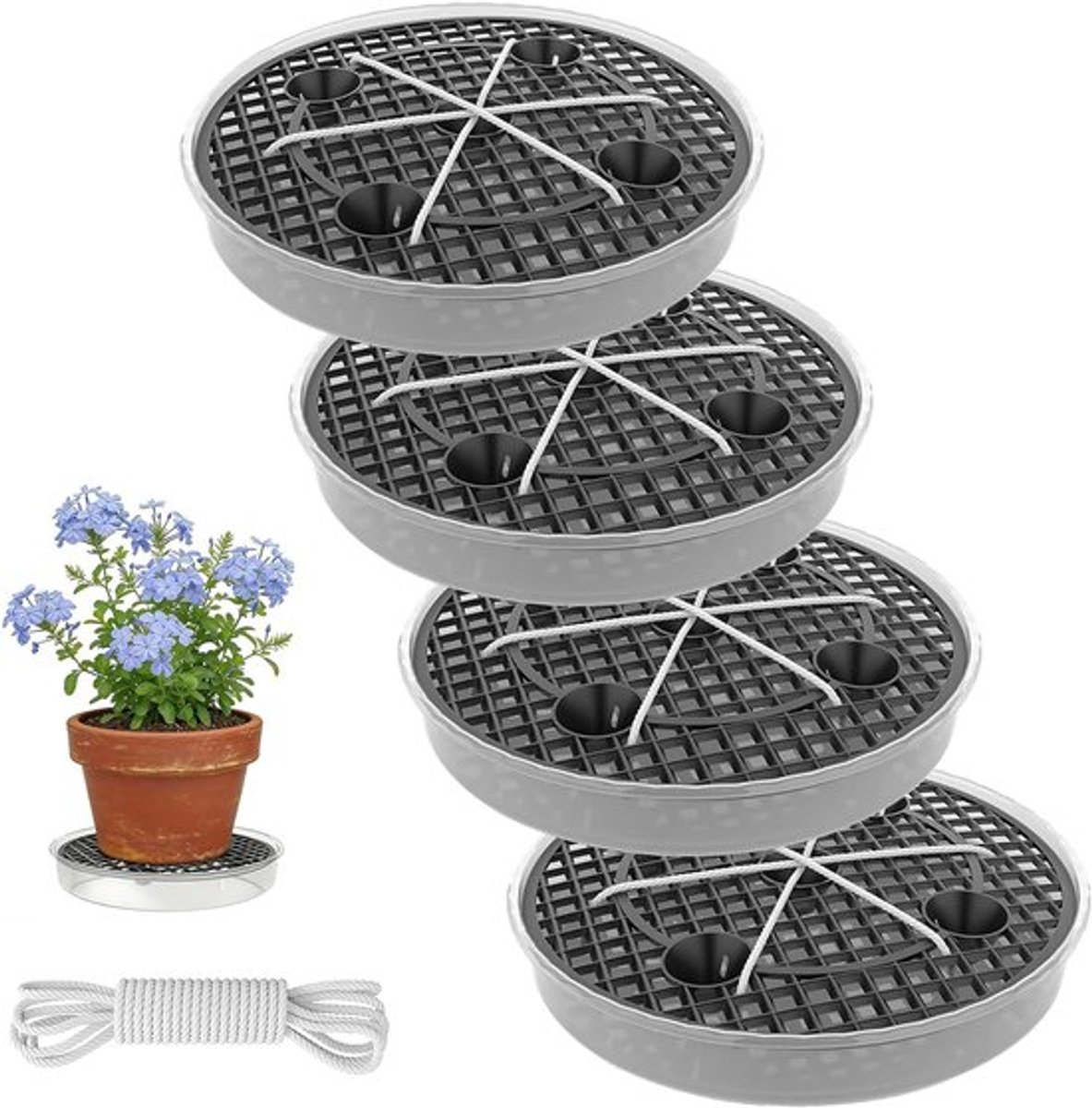 Zelfwaterende plantenpot onderzetters, set van 4, 32 cm, met waterreservoir en wick irrigatie voor bloempotten en kweektassen