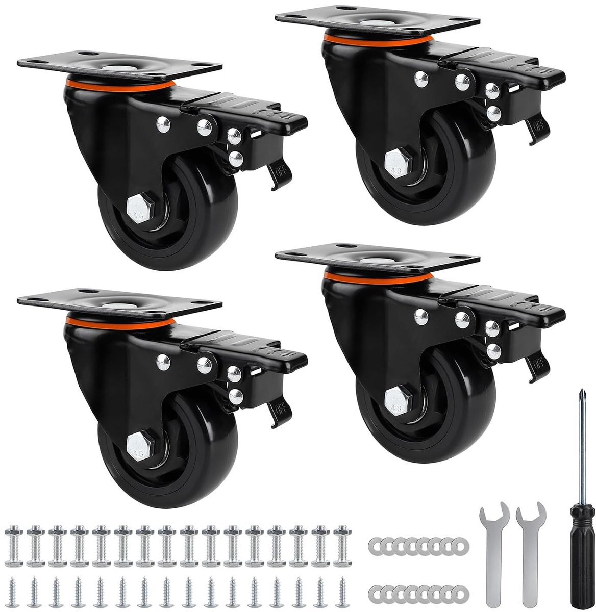 Set van 4 Zwenkwielen met Rem, 75 mm, Voor Meubels, Sterke Polyurethaan Wielen, 360 Graden Draaibaar, Geschikt voor Strandstoelen, Tot 480 kg Draagvermogen